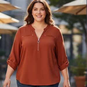 Stylish Rust Blouse with Zipper Accent Sz 2X
